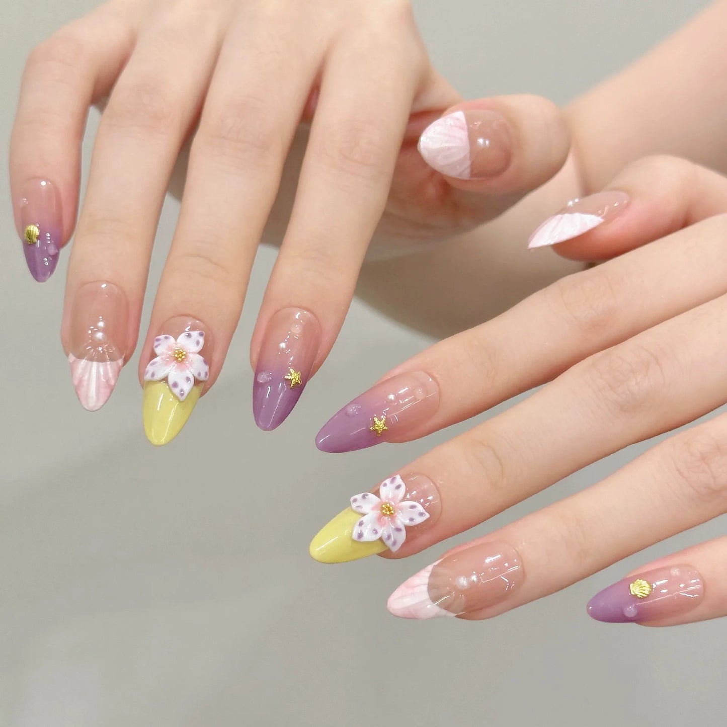 10pcs Handmade Press on Nails Crystal Striped Almond French Nail Art Fake Nails Tips Wearable 3D Carved Flower False Nails Decor Peaceful Pleasures Health and Wellness