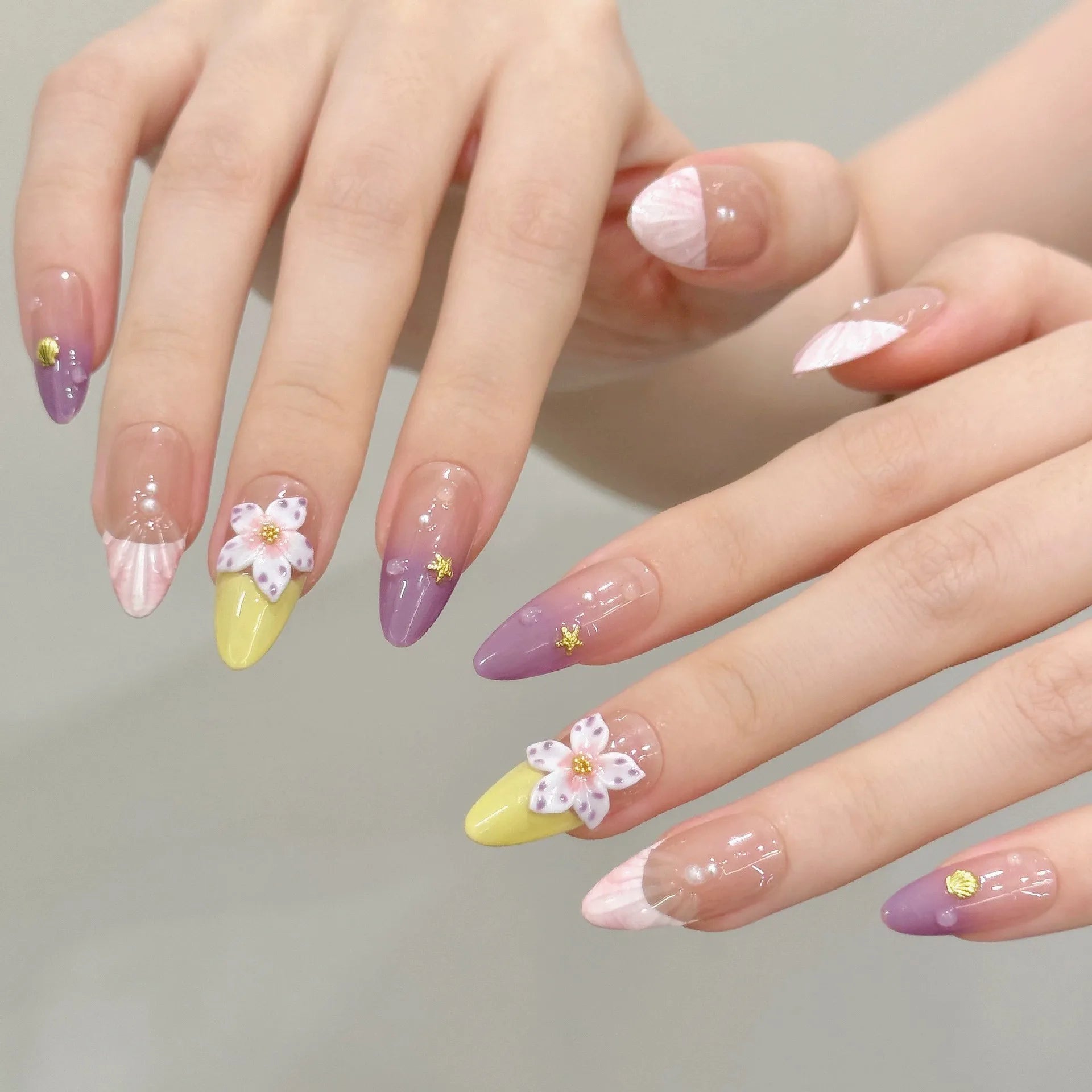 10pcs Handmade Press on Nails Crystal Striped Almond French Nail Art Fake Nails Tips Wearable 3D Carved Flower False Nails Decor Peaceful Pleasures Health and Wellness