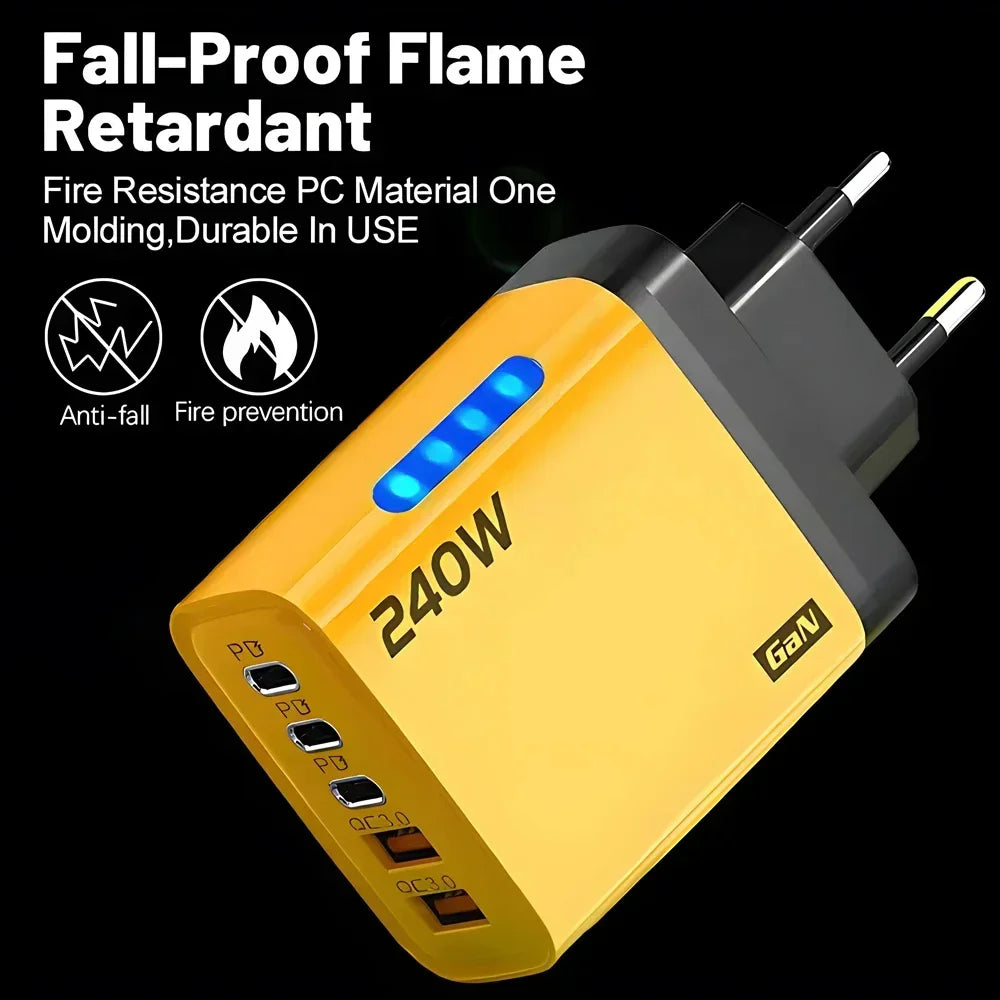 240W GaN 5-Port Fast Charger | 3 USB-C + 2 USB-A with LED