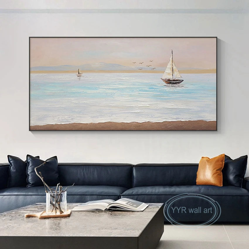 Living Room Decor Sea View Image Sofa Salon Modern Poster Handmade Canvas Oil Painting Wall Art Picture Abstract Aesthetic Mural Peaceful Pleasures Health and Wellness