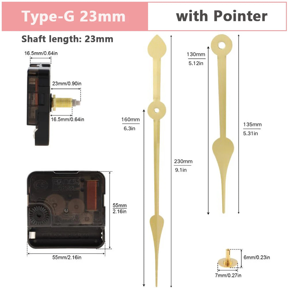 Wall Clock Mechanism Silent Quartz Movement Machine Wall Hands Silent Sweeping Second Movement with Pointer DIY, Repair Tools Peaceful Pleasures Health and Wellness Tpye-G 23mm China Mainland