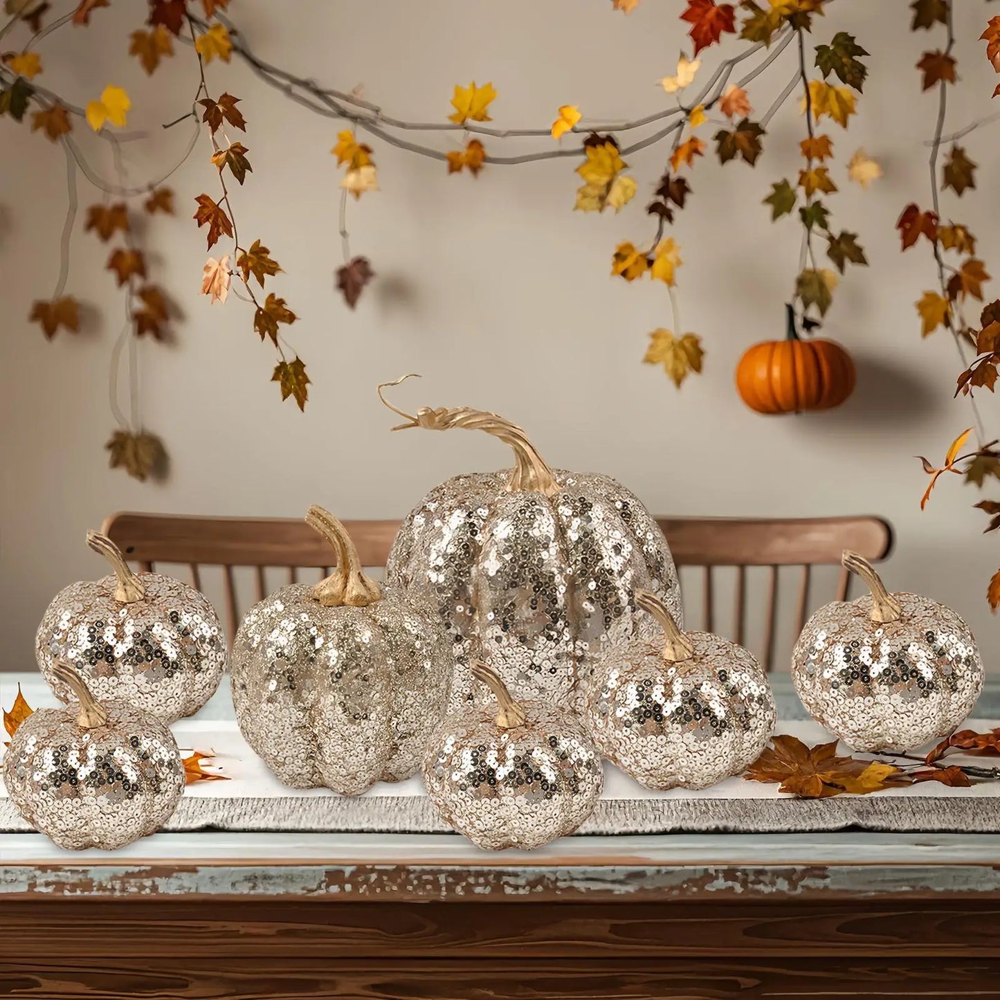 Fake Pumpkins Fall Halloween Decorations Festive 7 Pieces Ornament Glitter Statue for Party Table Shelf Holiday Hallway Bedroom Peaceful Pleasures Health and Wellness