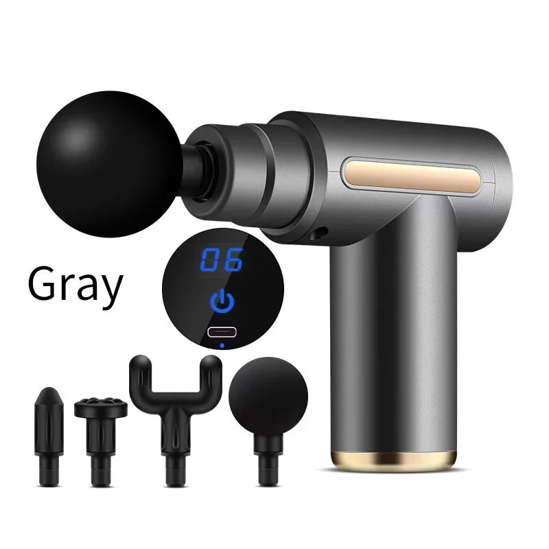 Mini Fascia Gun 6 Adjustable Speeds Portable Deep Tissue Massager With 4 Massage Heads For Muscle Relaxation Pain Relief Fitness Peaceful Pleasures Health and Wellness Gray