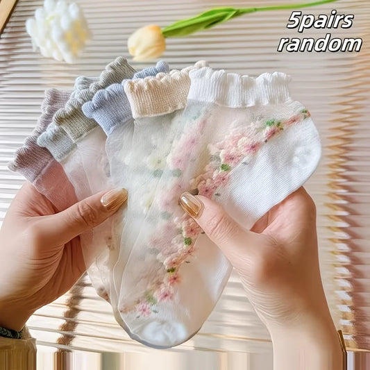 5 Pairs Women Sheer Ankle Socks Floral Embroidered Mesh Short Socks Breathable Ruffle Cuff Summer Casual Office Wear Peaceful Pleasures Health and Wellness