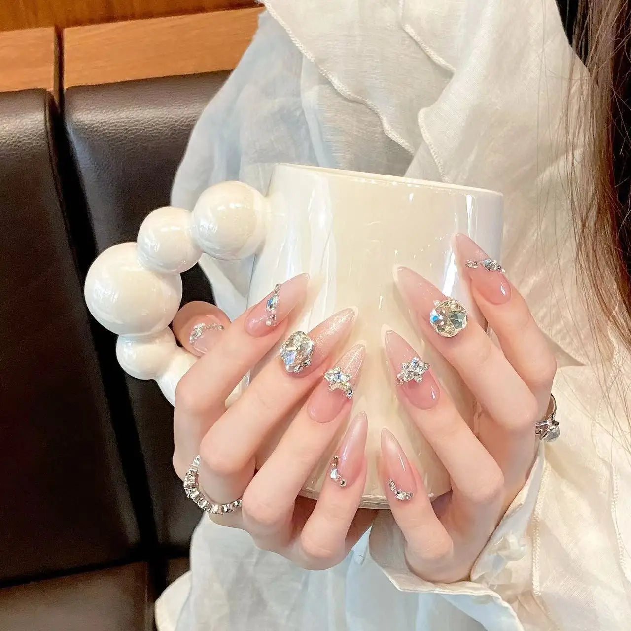 Handmade Press on Nails French Cat Eye Pink Sweet Fake Nails with Large Crystal Design Wearable Korean Style False Nail Tips Peaceful Pleasures Health and Wellness