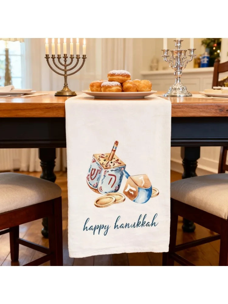 Happy Hanukkah Cotton Tea Towel – Dreidel & Coins Flour Sack Holiday Kitchen Towel Peaceful Pleasures Health and Wellness Happy Hanukkah 40x60cm