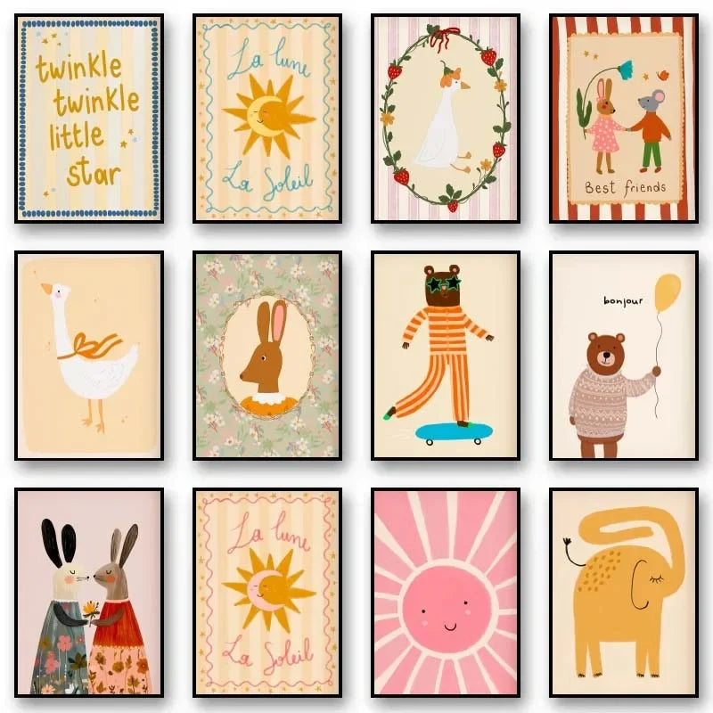 Animals Poster Prints Nordic Floral Bunnies Nursery Cool Bear Goose Wall Art Whimsical Rabbit Print for Kids Room Playroom Decor Peaceful Pleasures Health and Wellness