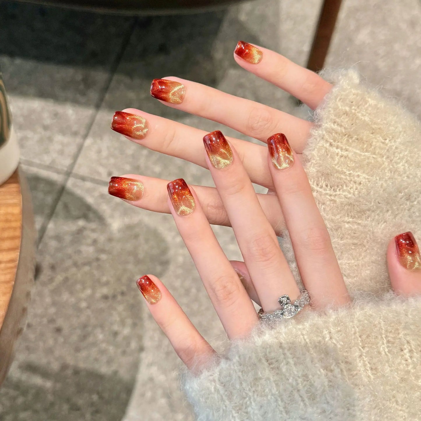 Glitter Gradient Red Cat Eye Press On Nails | Full Cover Set
