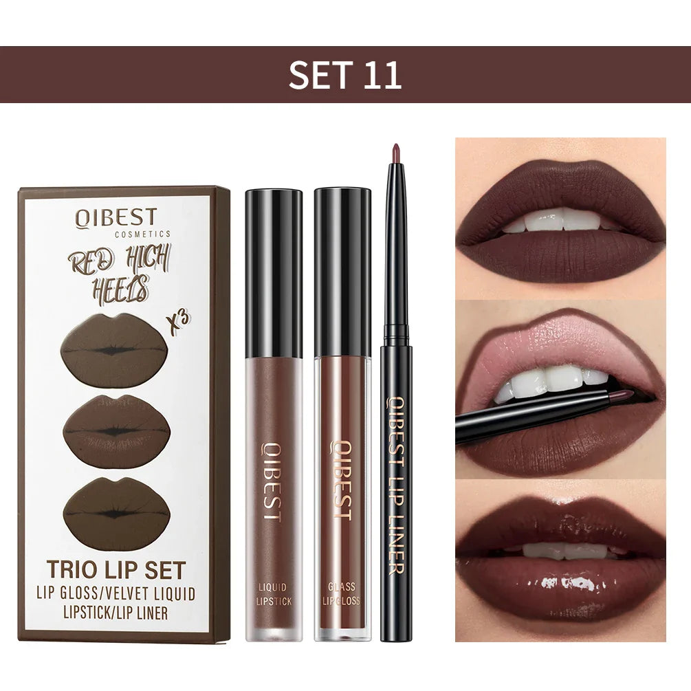 QIBEST 3-in-1 Matte Lipstick, Lip Liner & Gloss Set