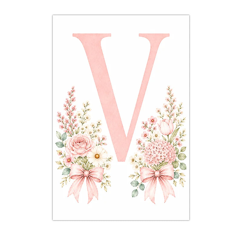 Floral Alphabet Wall Art Custom Letter Canvas Painting Pink Flower Poster Print Nursery Wall Decor Peaceful Pleasures Health and Wellness V 20x25cm No Frame China Mainland