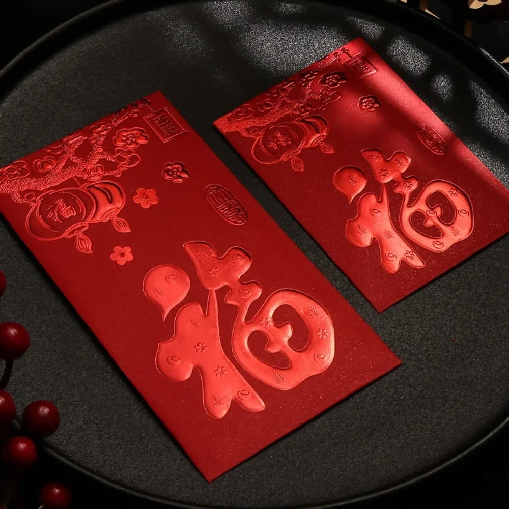 6pcs 3D Chinese New Year Red Envelope Hot Stamping Solid Red Packet Blessings Printing Thickened Lucky Money Bag Wedding Peaceful Pleasures Health and Wellness S-Style J