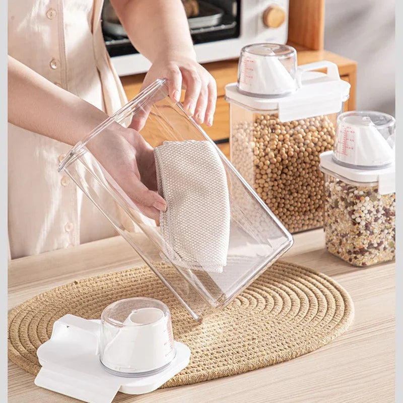 Airtight Transparent Rice & Grain Storage Bucket with Measuring Cup | Insect-Proof, Moisture-Proof, 1–2L