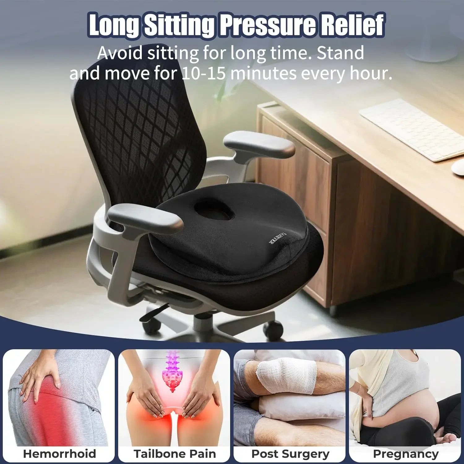 Memory Foam Donut Cushion for Tailbone Pain Relief, Sciatica & Hemorrhoids - Comfortable Seat Pillow for Office, Car & Home Use Peaceful Pleasures Health and Wellness