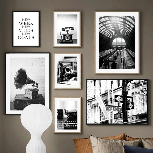 Black & White Retro Canvas Wall Art | Camera Gramophone Print Canvas Wall Art Print Peaceful Pleasures Health and Wellness