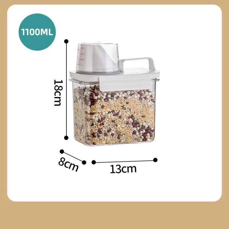 Airtight Transparent Rice & Grain Storage Bucket with Measuring Cup | Insect-Proof, Moisture-Proof, 1–2L