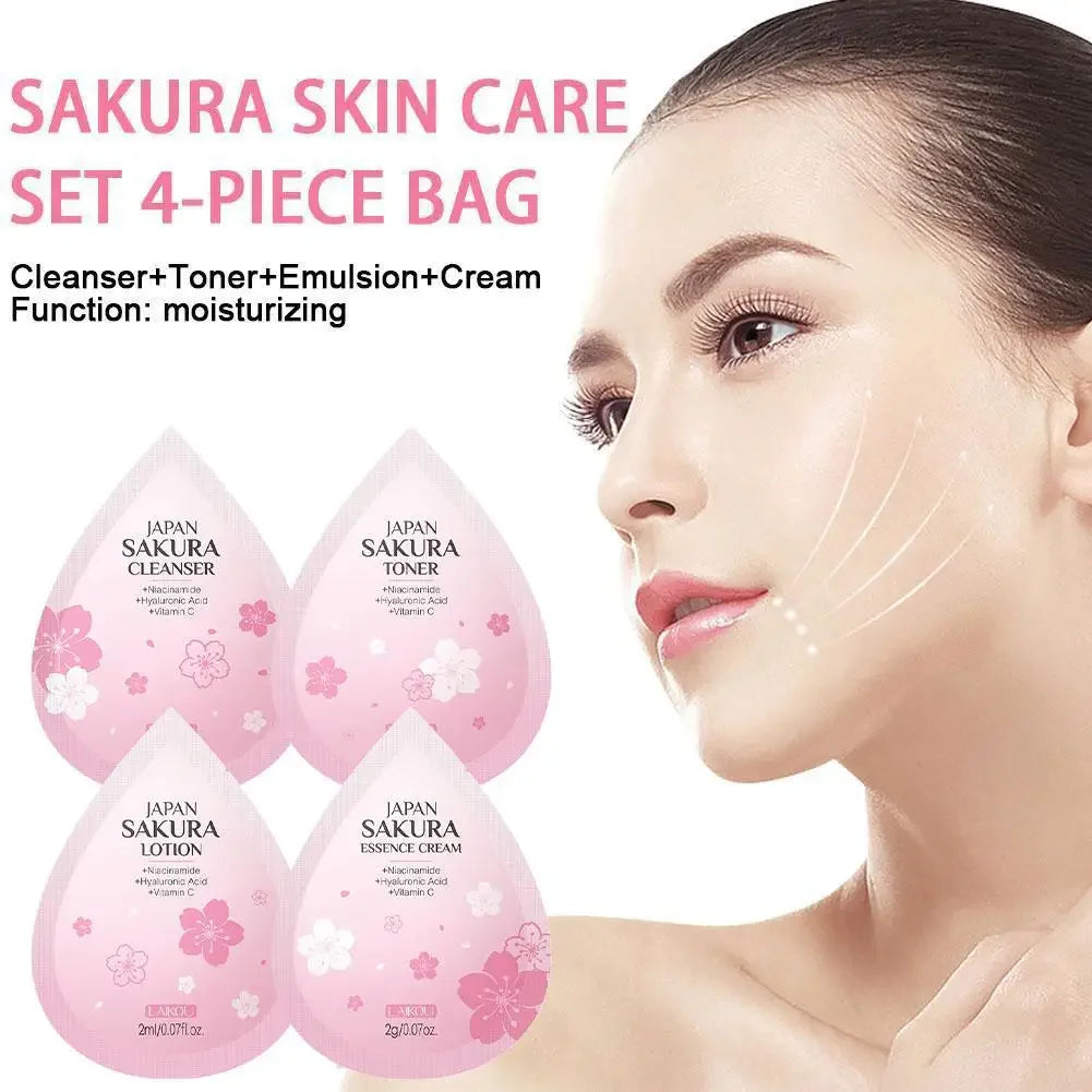Japan Sakura 4pcs Travel Size Skin Care Kit, Brightening Moisturizing Anti-Oxidation, Portable Complete Facial Care For Women Peaceful Pleasures Health and Wellness