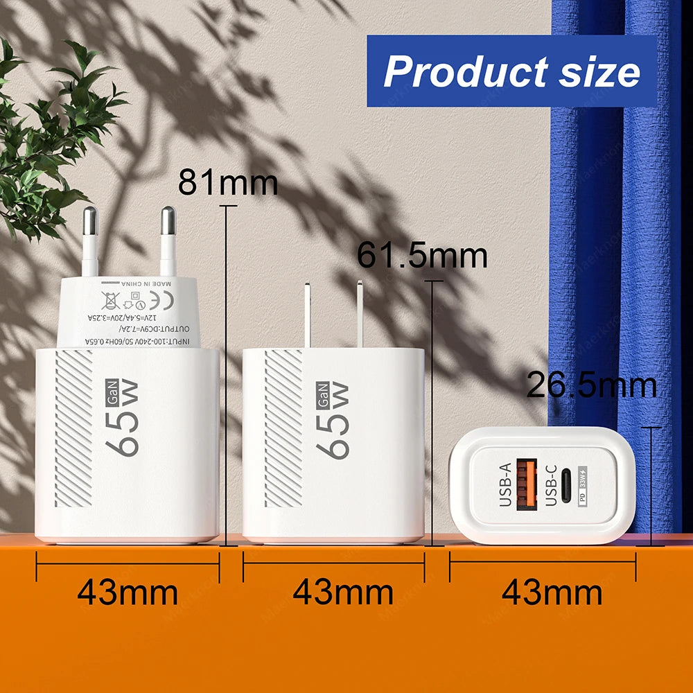 65W GaN Fast Charger PD QC3.0 Dual Port USB Wall Adapter EU US Plug Compatible with iPhone Samsung Xiaomi Tablets Travel Charger Peaceful Pleasures Health and Wellness
