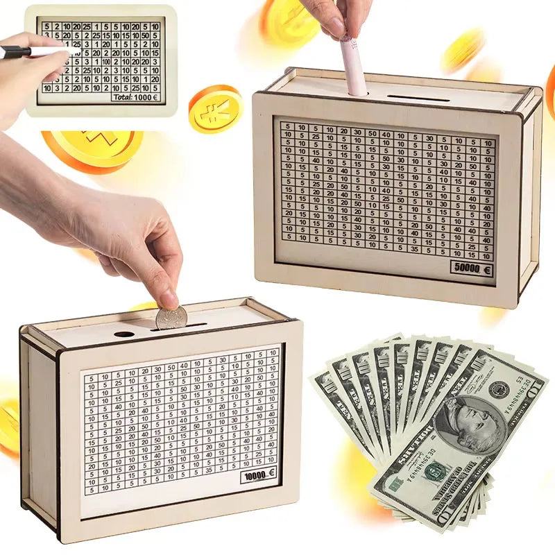 Wooden Money Savings Box – Kids Piggy Bank USD/Euro Style
