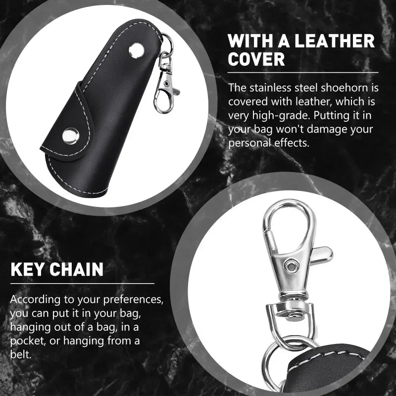 Mini Metal Shoe Horn with Leather Handle & Keychain Clip