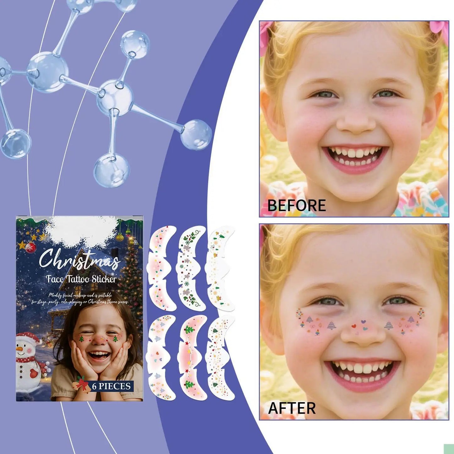 6-Piece Christmas Glitter Freckle Patches & Temporary Face Tattoos