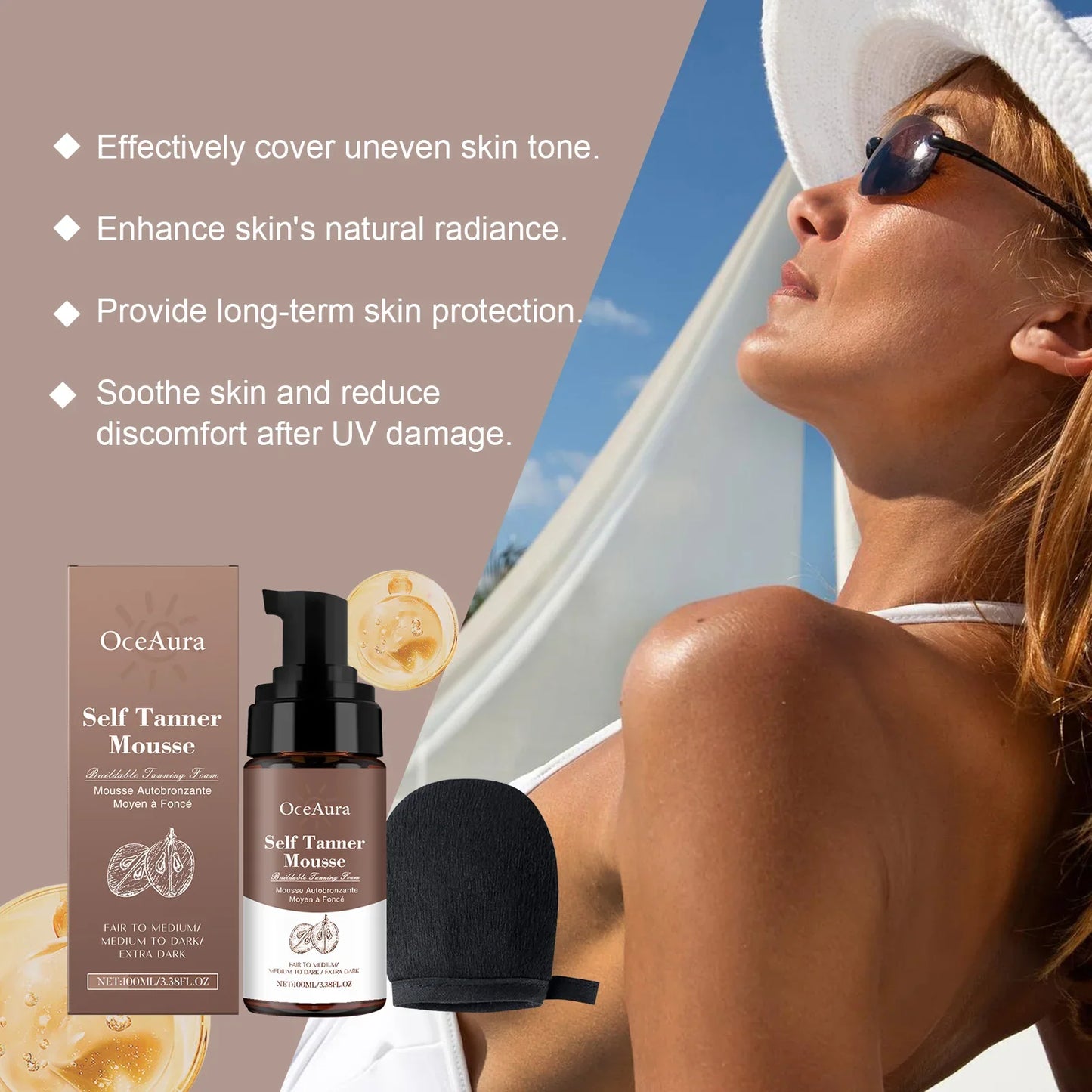 OceAura Sunless Self Tanning Mousse | Buildable Glow 100ml
