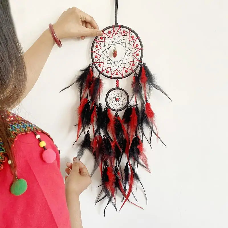 Hand-Woven Dreamcatcher with Feathers & Crystals | Boho Decor
