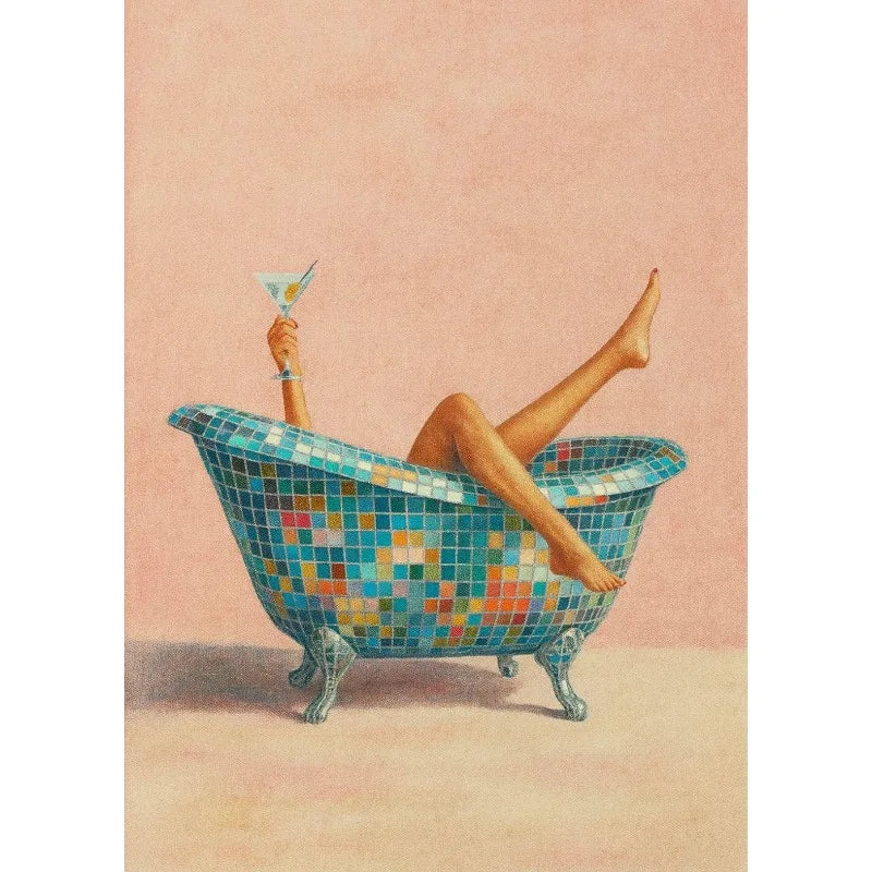 Retro Martini Girl Bathtub Canvas Wall Art | Glam Bathroom Decor