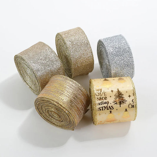 2m Glitter Christmas Ribbon Gold Silver Champagne | Xmas Bow Christmas Craft Ribbon Oasis Select