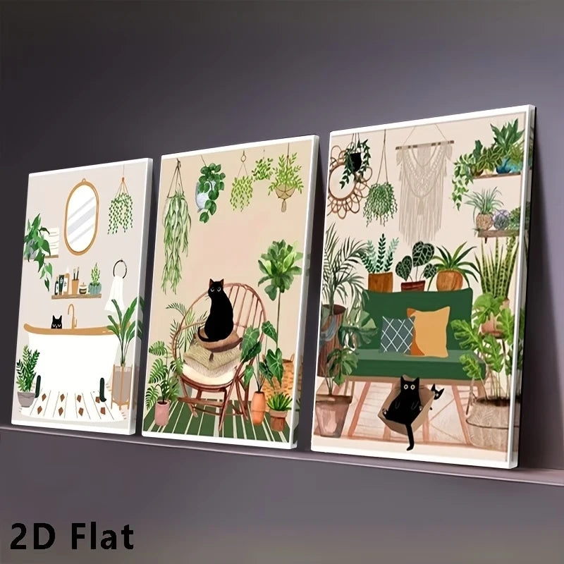3-Piece Black Cat & Green Plant Canvas Wall Art Print Set