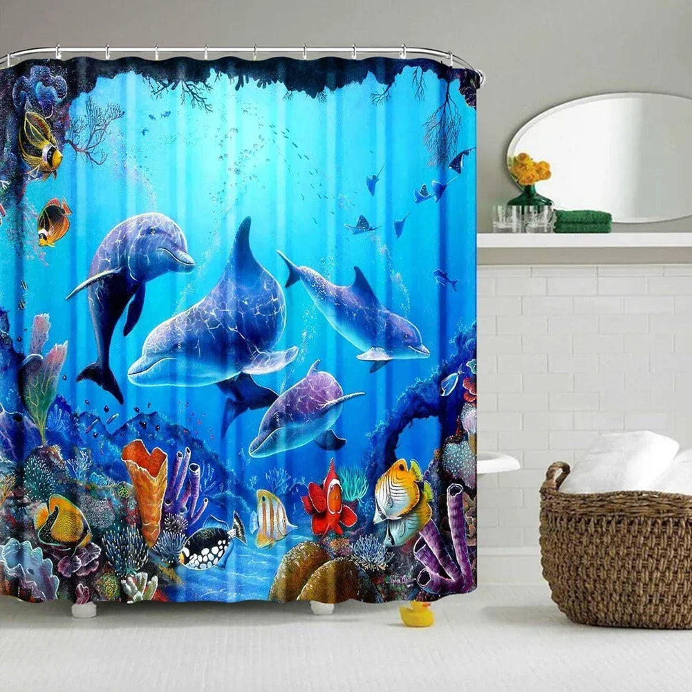 Ocean Underwater World Shower Curtains Set Dolphin Animal Cheerful Marine Life Scenery Polyester Fabric For Kids Bathroom Decor Peaceful Pleasures Health and Wellness