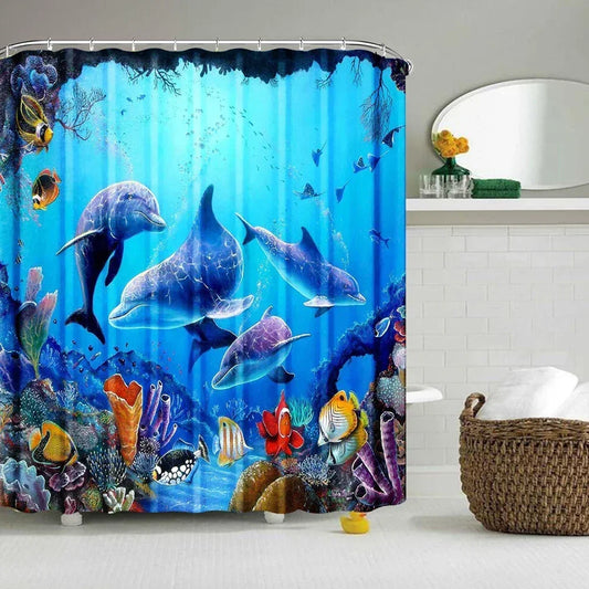 Ocean Underwater World Shower Curtains Set Dolphin Animal Cheerful Marine Life Scenery Polyester Fabric For Kids Bathroom Decor Peaceful Pleasures Health and Wellness