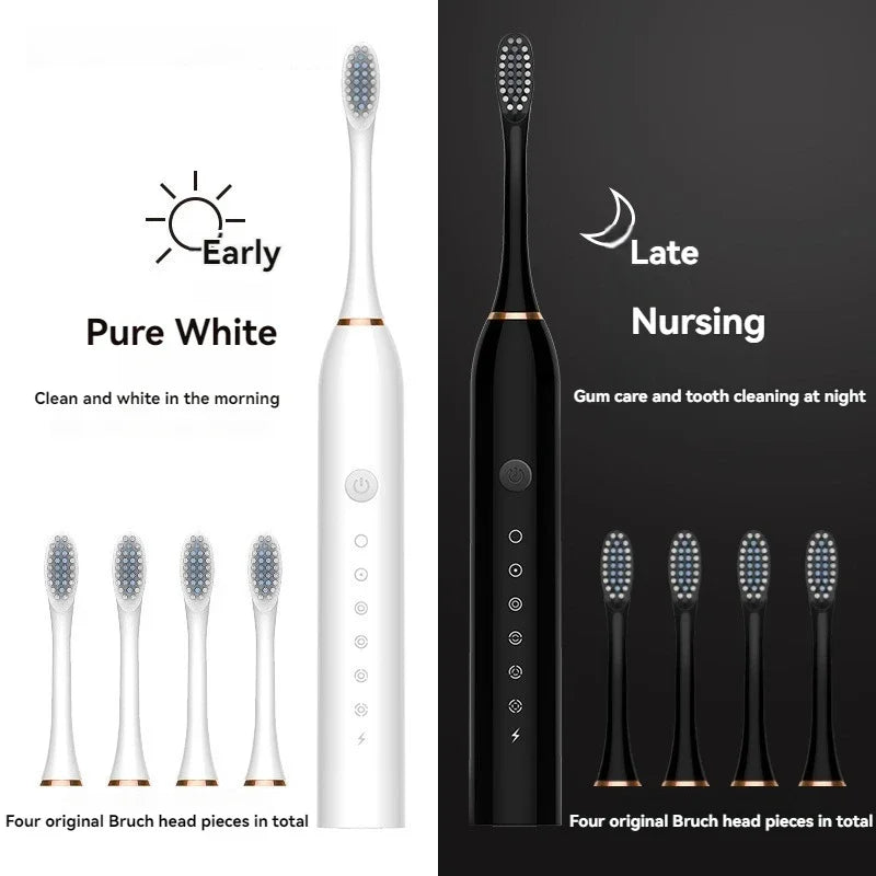 6-Speed Acoustic Wave Electric Toothbrush – Adults & Kids, 4 Heads