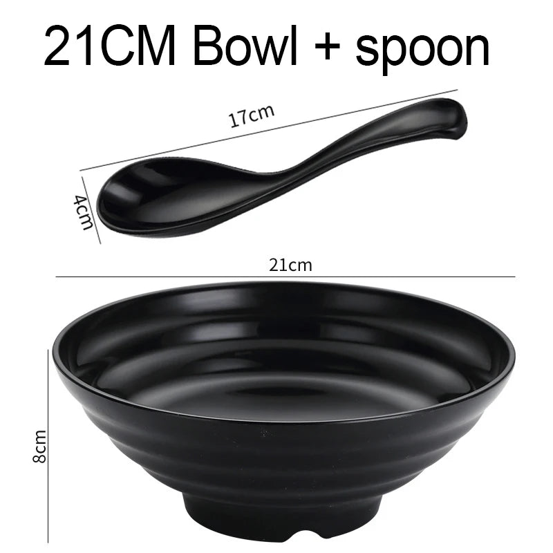 Thickened Plastic Ramen Bowl Anti-Slip Salad Bowl Solid Color Perfect for Kitchen Restaurant Lamian Noodles Bowl Peaceful Pleasures Health and Wellness 21cm Spoon