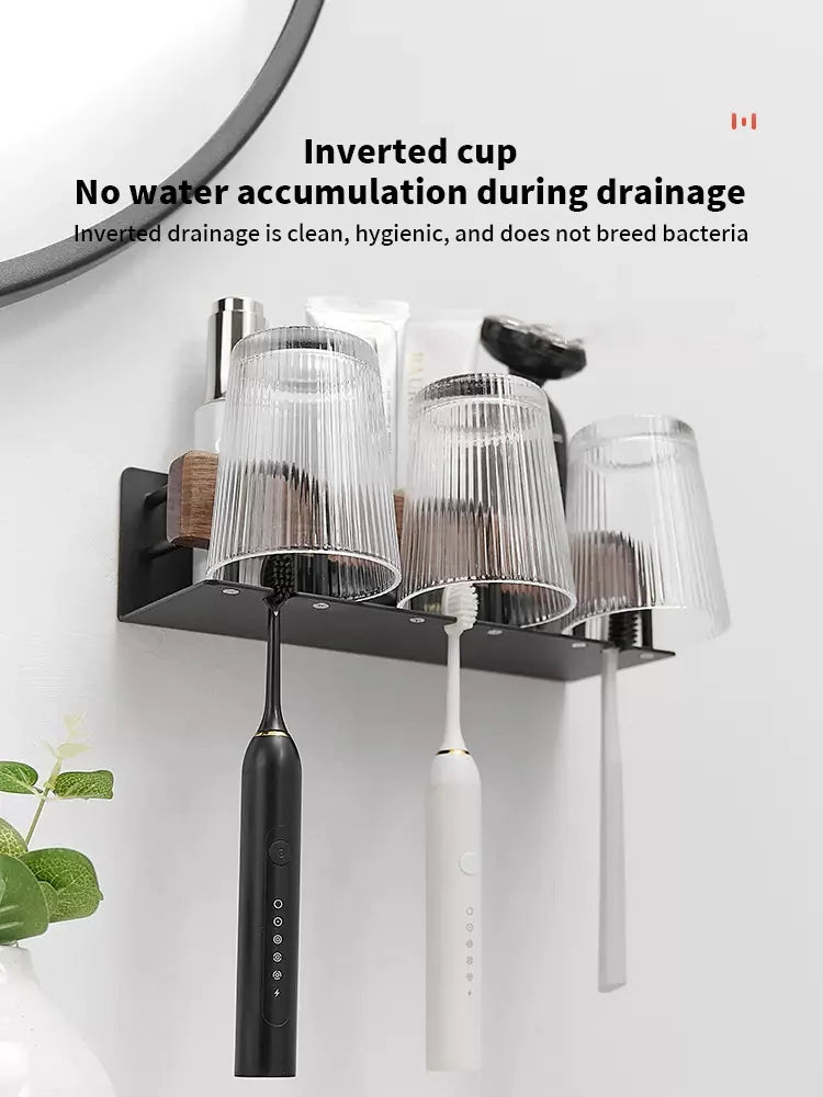 Wall-Mounted Wood Toothbrush Rack & Mug Holder with Squeezer