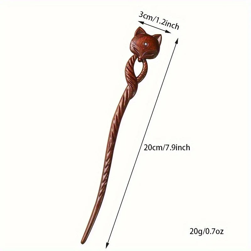Elegant Vintage Fox Hairpin – Handcrafted Wooden Hair Stick with Gemstone Eyes Hair Stick Peaceful Pleasures Health and Wellness