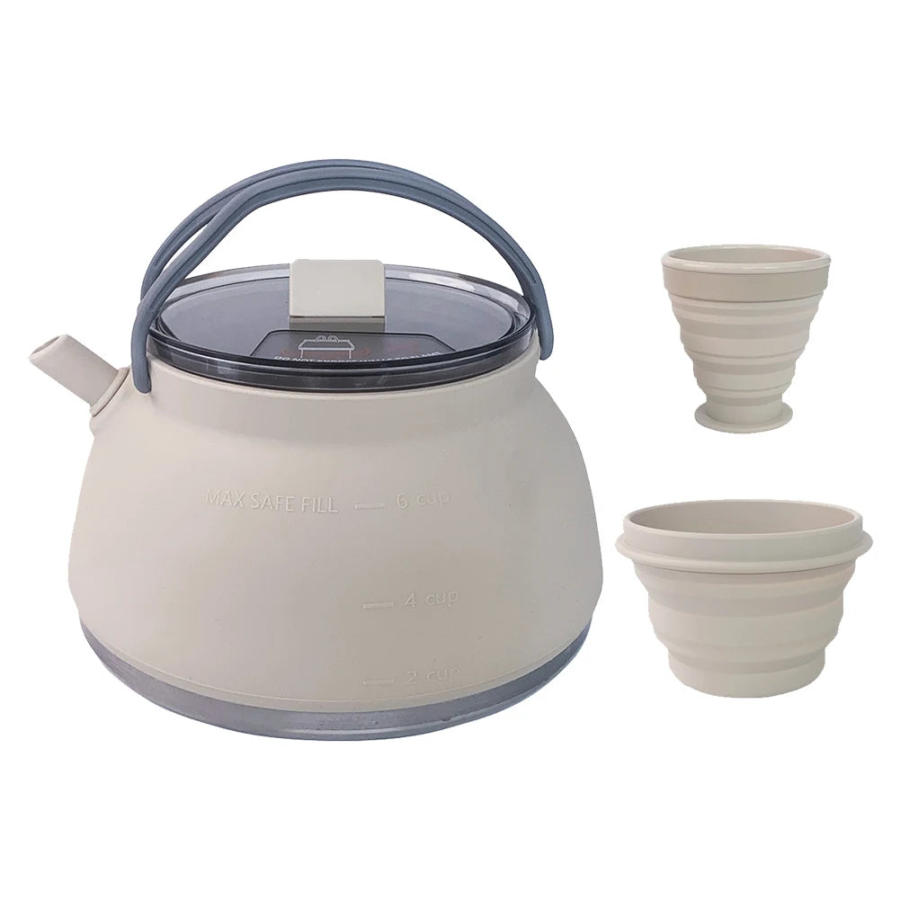 Outdoor Folding Silicone Kettle Portable Mini Boiling Water Pot with Handle Camping Kettle Pan Pot for Travel Picnic Tableware Peaceful Pleasures Health and Wellness Khaki Kettle CupBowl