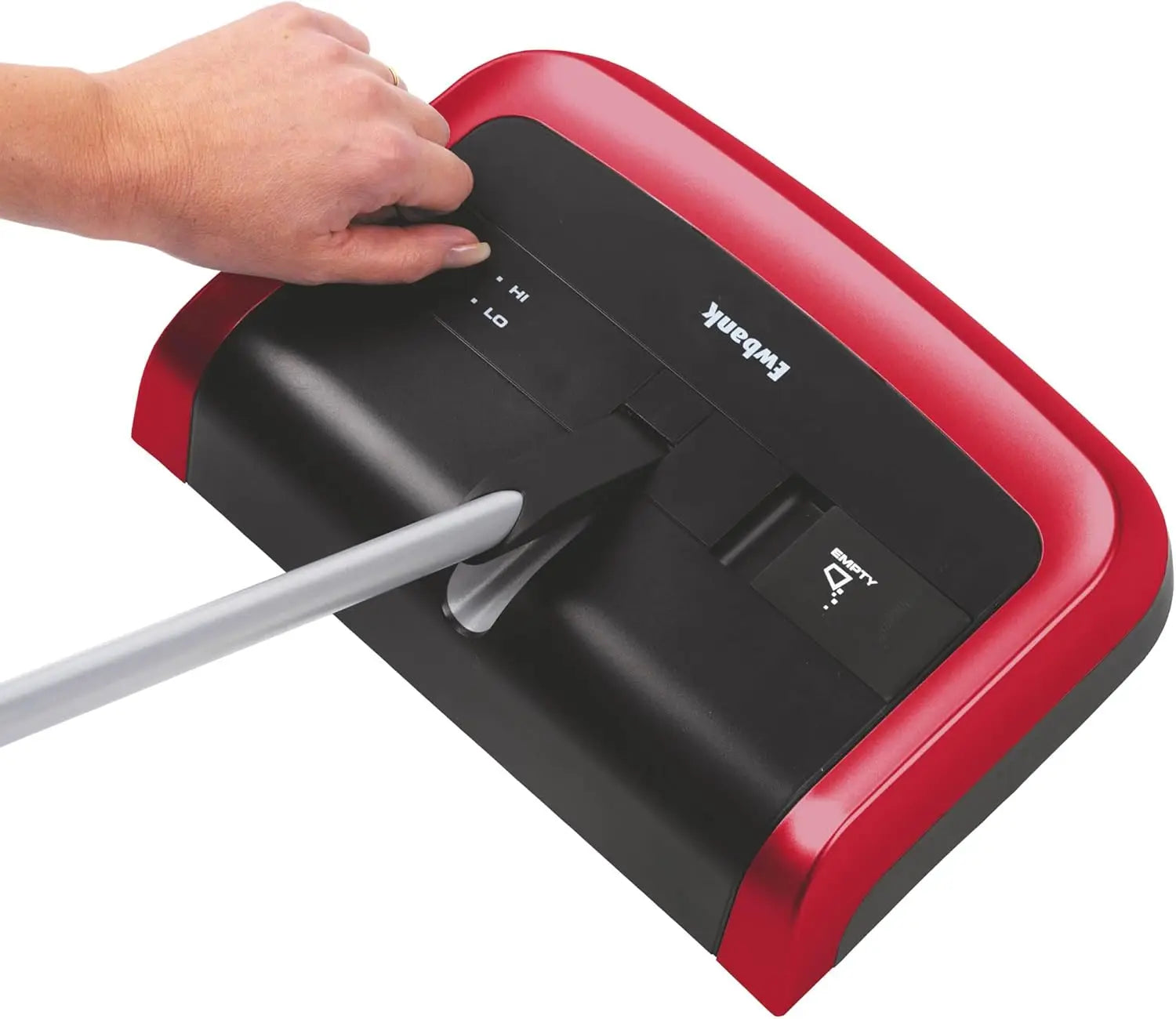 Red and black Karcher vacuum cleaner with a hand holding the handle on a white background