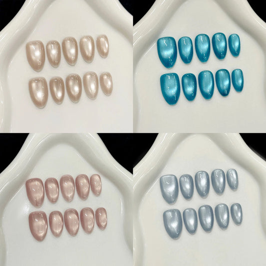 10pcs Handmade Press on Nails Solid Color Glass Bead Cat Eyes Fake Nails Reusable Ins Simple Long Almond False Nail Tip Wearable Peaceful Pleasures Health and Wellness
