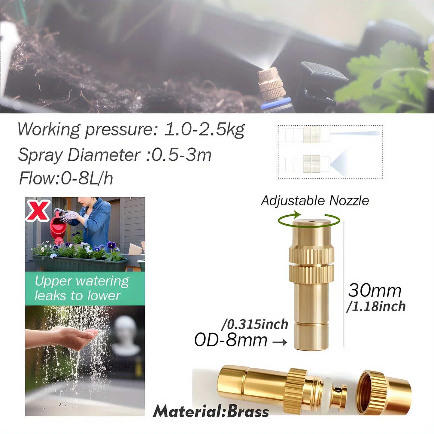 5PC Adjustable Brass Misting Nozzle with Tee Quick Connector for OD-8mm OD-12mmPE Hose Sprayer Garden Plants Atomizing Sprinkler Peaceful Pleasures Health and Wellness