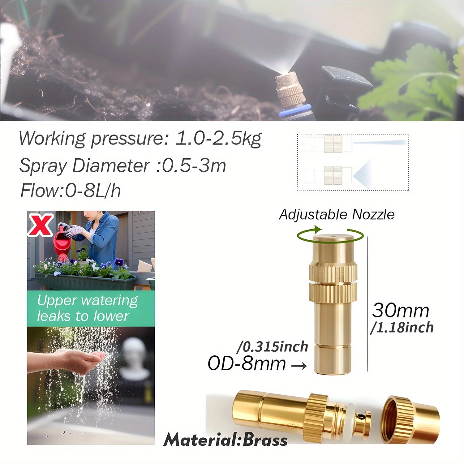 5PC Adjustable Brass Misting Nozzle with Tee Quick Connector for OD-8mm OD-12mmPE Hose Sprayer Garden Plants Atomizing Sprinkler Peaceful Pleasures Health and Wellness