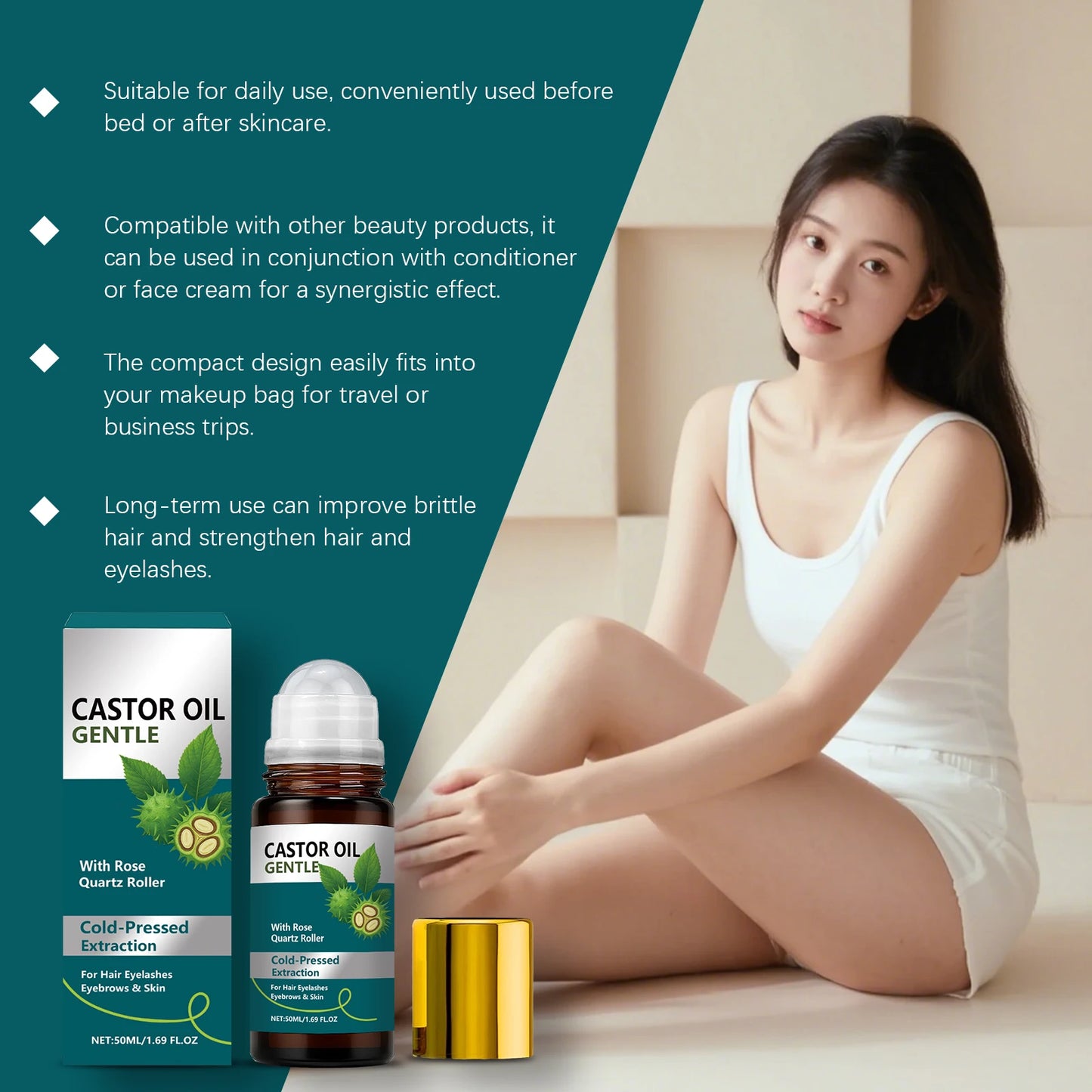Cold-Pressed Castor Oil Roller | Hair, Lashes & Skin Care 50ml