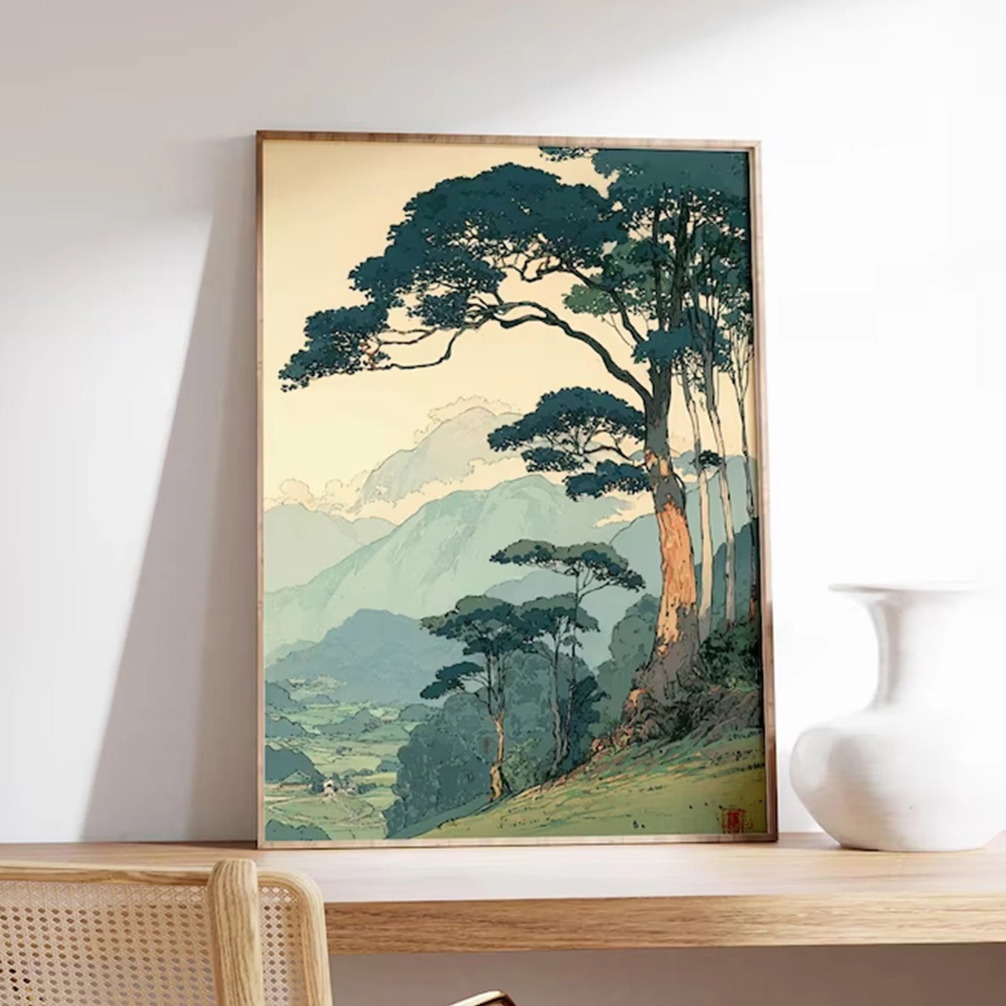 Retro Japanese Forest Mountain Canvas Wall Art Print Poster