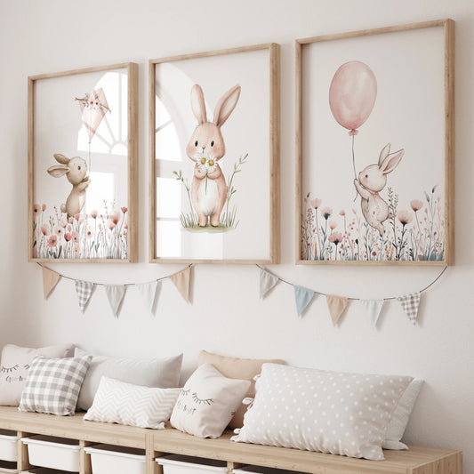 3-Piece Cartoon Rabbit Floral Canvas Wall Art Print | Home Decor Canvas Wall Art Set Peaceful Pleasures Health and Wellness GP043-3pcs 30x40cm Unframed