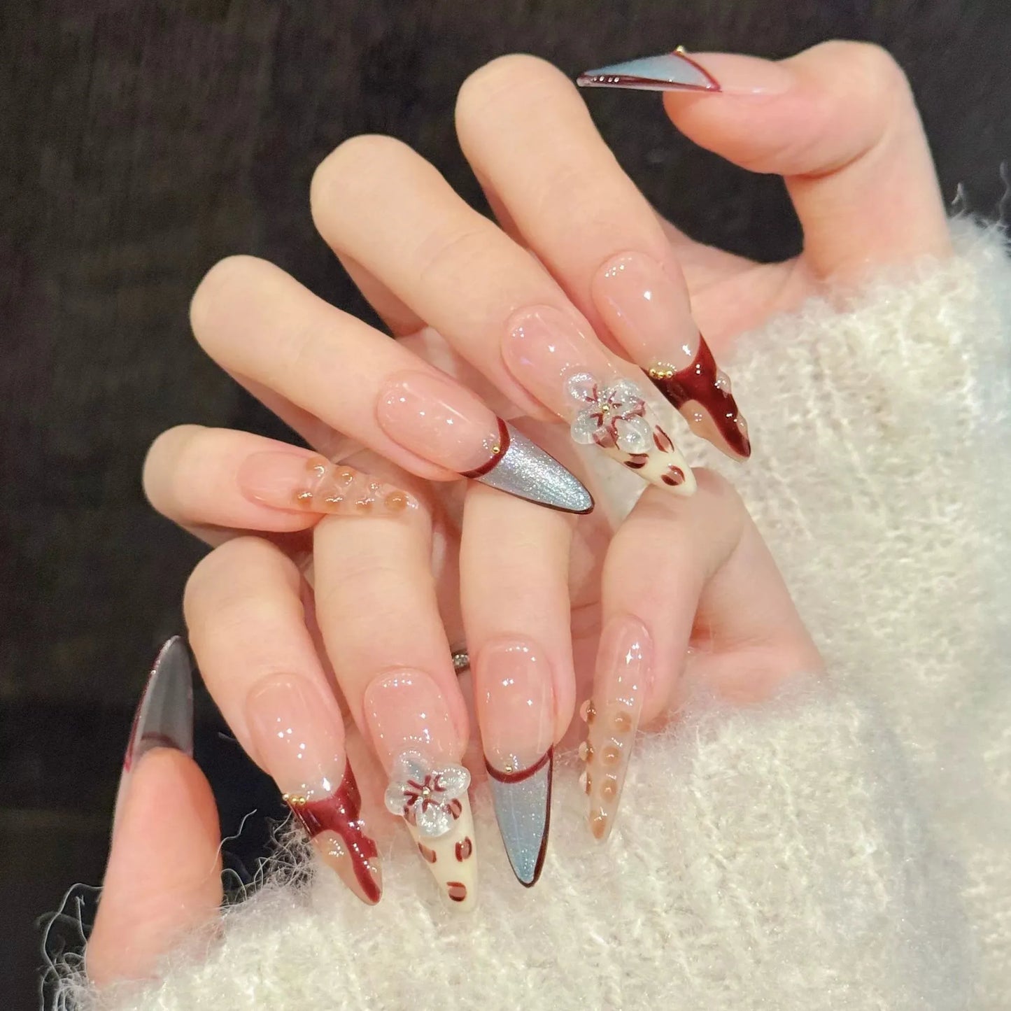 Handmade Press On Nails – 3D Flowers Cat's Eye Long False Tips Press On Nails Peaceful Pleasures Health and Wellness