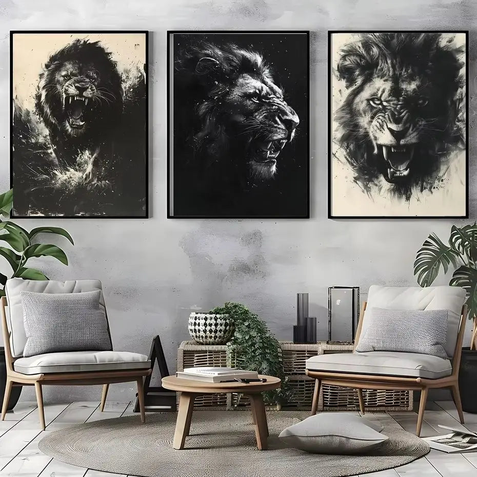 Abstract Wall Art Black Monochrome Style Angry Lion Canvas Painting Modern Style Poster Prints Living Room Wall Decor Peaceful Pleasures Health and Wellness