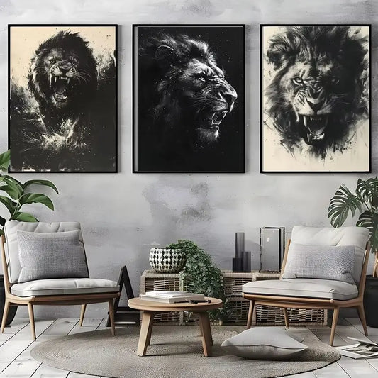 Abstract Wall Art Black Monochrome Style Angry Lion Canvas Painting Modern Style Poster Prints Living Room Wall Decor Peaceful Pleasures Health and Wellness