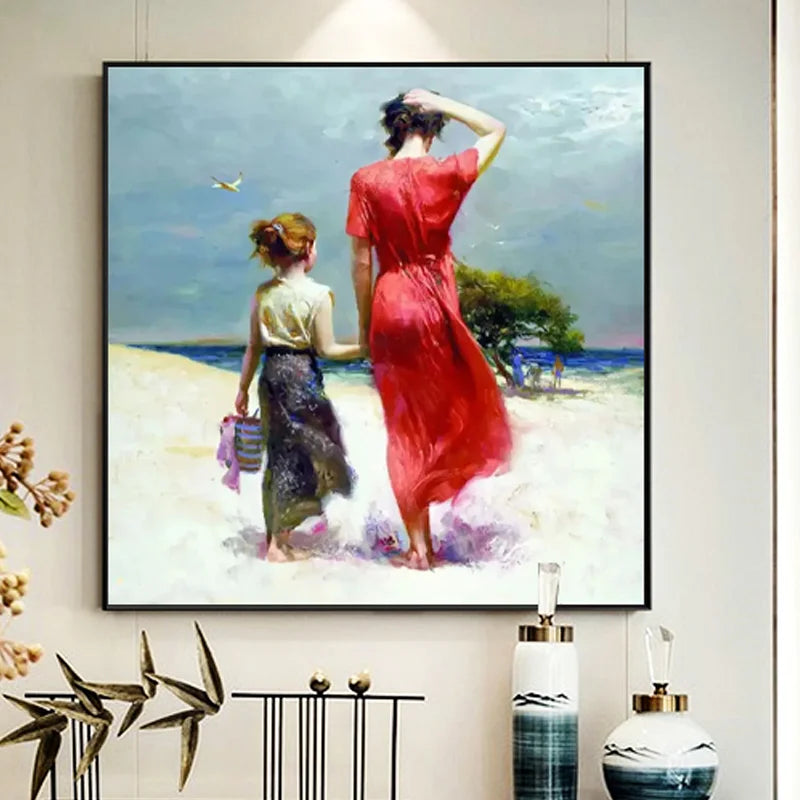 100% Hand Painted Boutique Unframed Impressionist Canvas Figure Painting, Mother and Child Oil Painting, seaside Peaceful Pleasures Health and Wellness