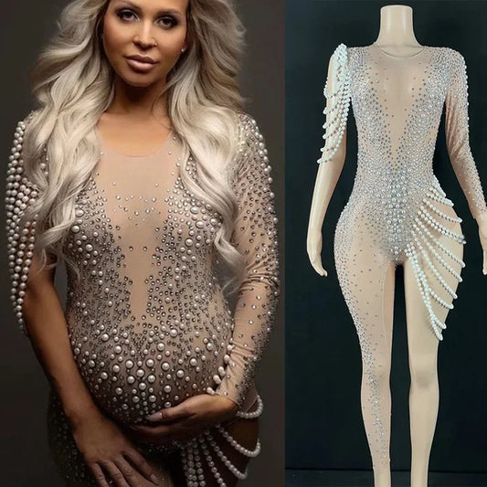 Embellished Maternity bodysuit for pregnancy photoshoot Luxury Club Charming Sexy Beading Women's Pearl Rhinestion Jumpsuits Peaceful Pleasures Health and Wellness skin S China Mainland