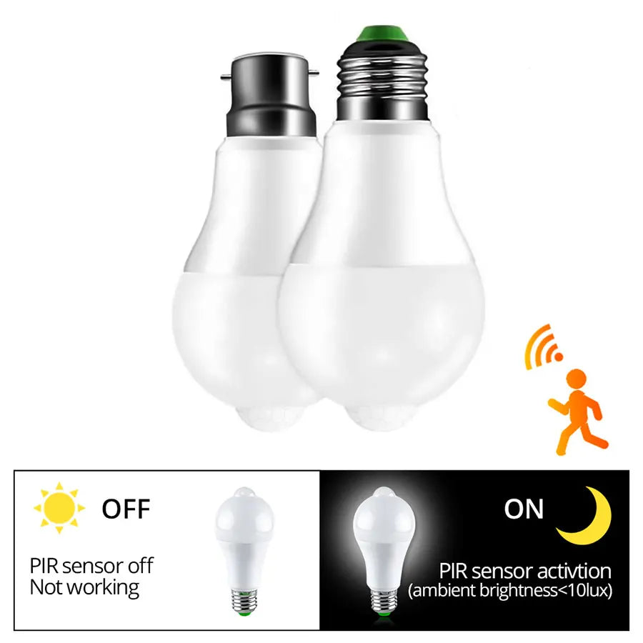 PIR Motion Sensor LED Bulb E27 B22 12W–20W Auto On/Off