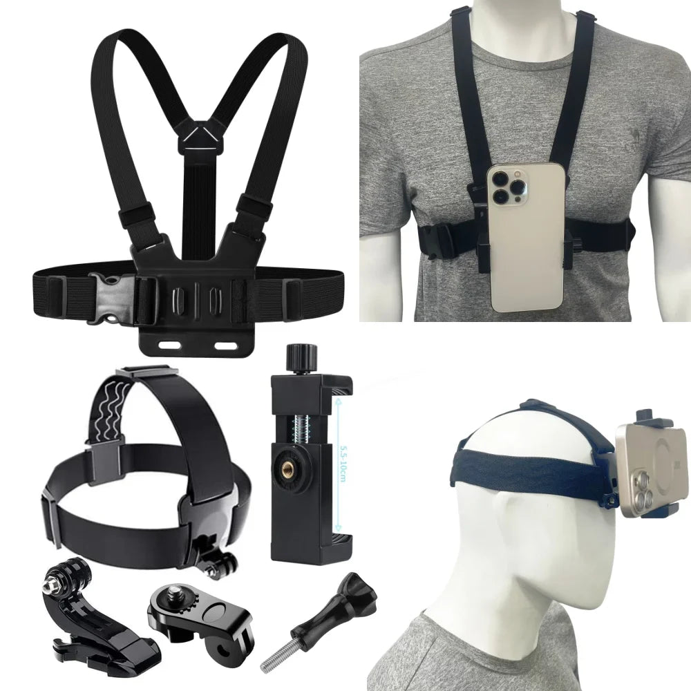 6-Piece Action Camera Mount Kit – Head & Chest Strap for GoPro